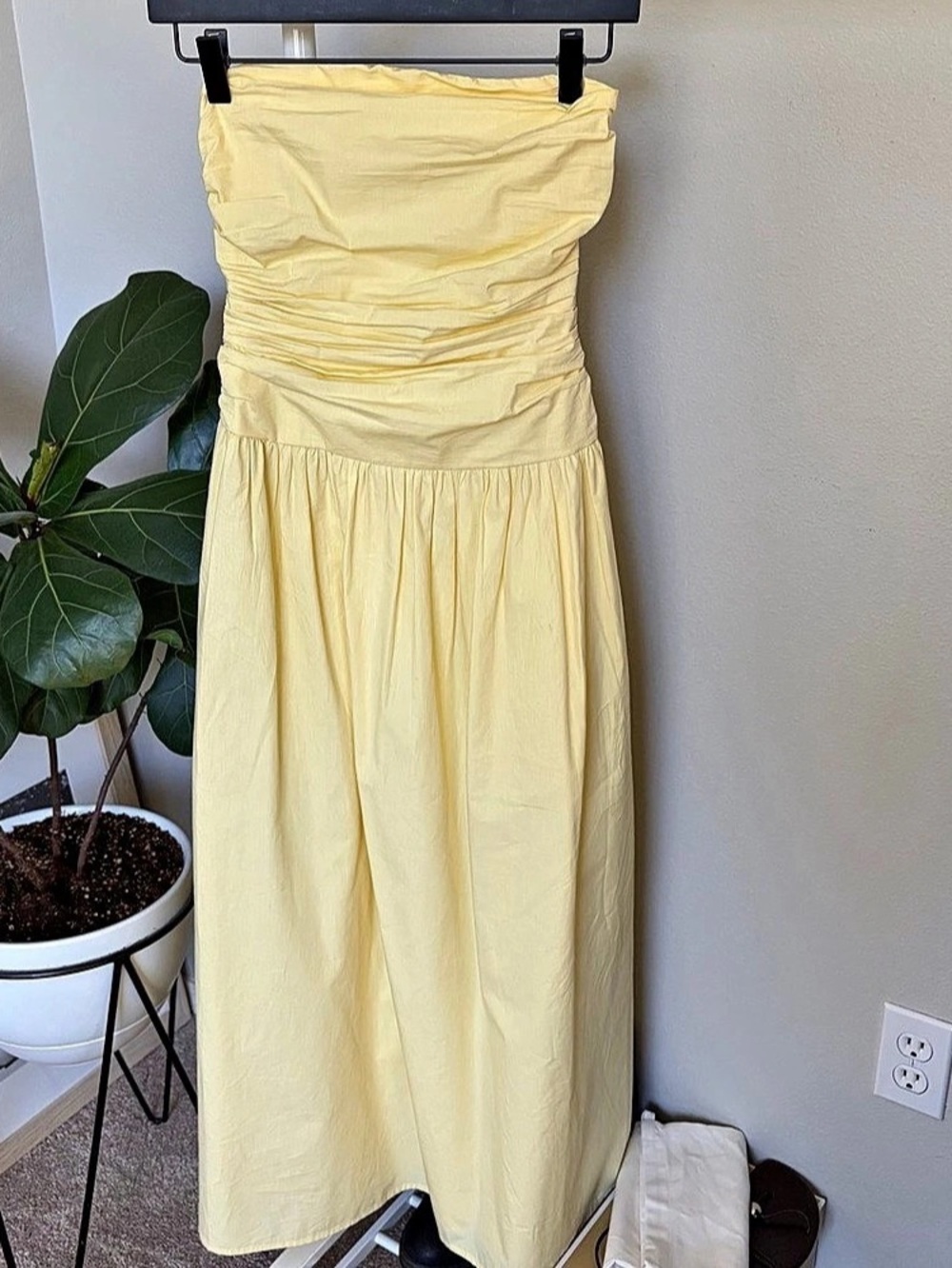 Strapless Butter Yellow Midi Poplin Dress